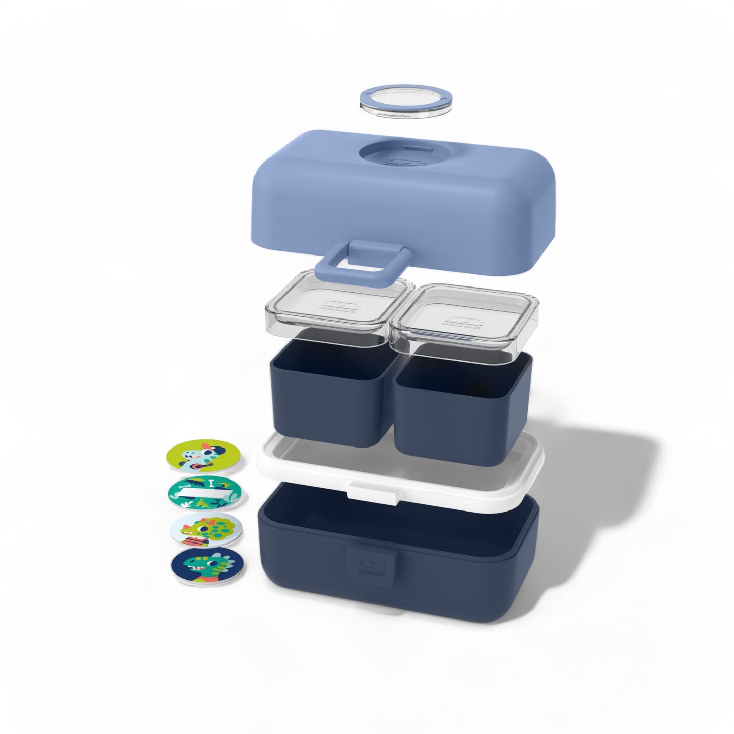 The MONBENTO Trésor MB set: BLUE Dino lunch container and BLUE Infini insulated bottle