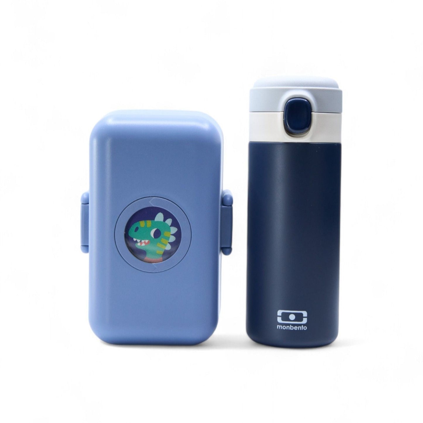 The MONBENTO Trésor MB set: BLUE Dino lunch container and BLUE Infini insulated bottle