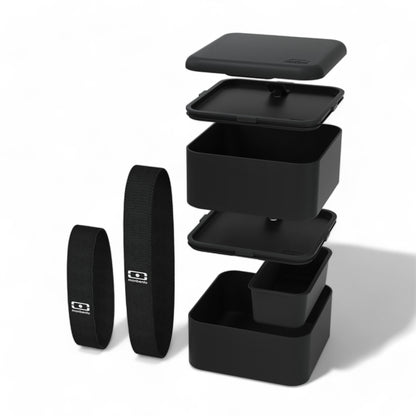 The MONBENTO BLACK onyx MB SQUARE set: SQUARE lunch container and sauce pots 