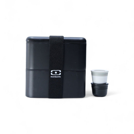 The MONBENTO BLACK onyx MB SQUARE set: SQUARE lunch container and sauce pots 