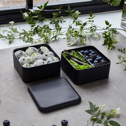 The MONBENTO BLACK onyx MB SQUARE set: SQUARE lunch container and sauce pots 