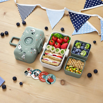 L'ensemble MONBENTO Trésor MB contenant-repas VERT ratons-laveurs et gourde isotherme Pop Verte Racoon